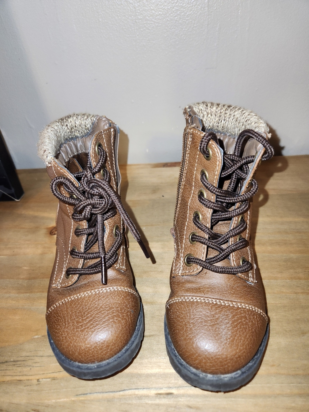 Brown Lace-Up Kids Boots, Size 8.